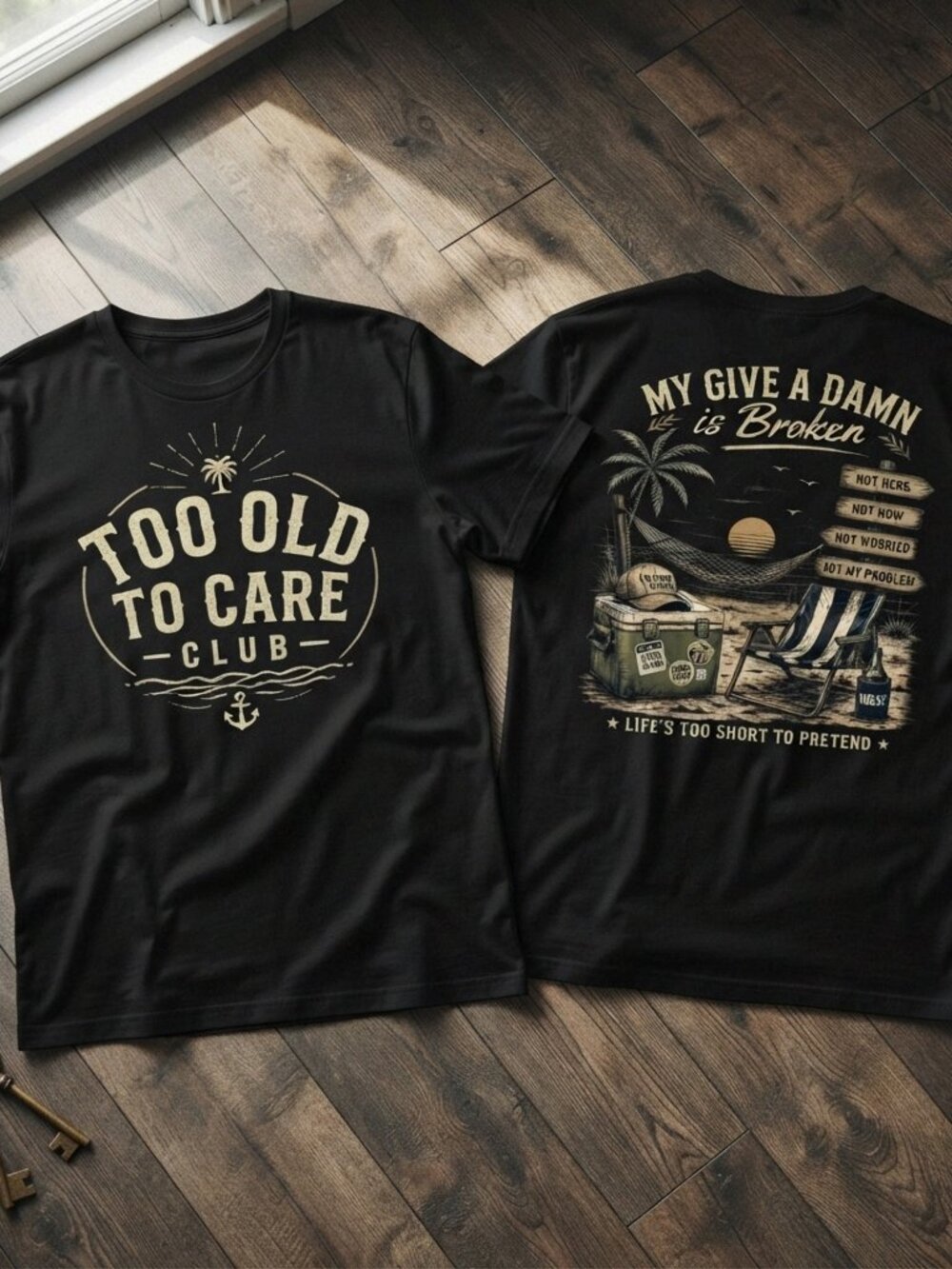 Too Old To Care Club Black Graphic T-Shirt Funny Beach Tee